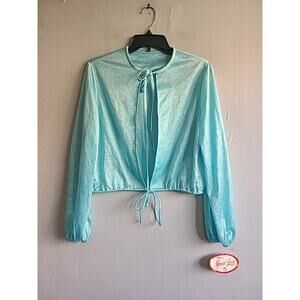 New vintage women's 14 XL teal heather long sleeve shirt tie front Jerrie Lurie